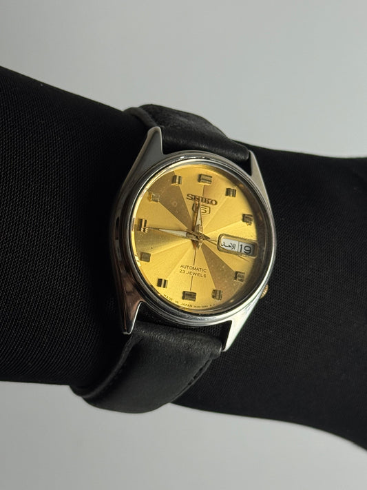 Seiko 5 Automatic Watch | Gold Dial | Arabic Day Display | Leather Strap