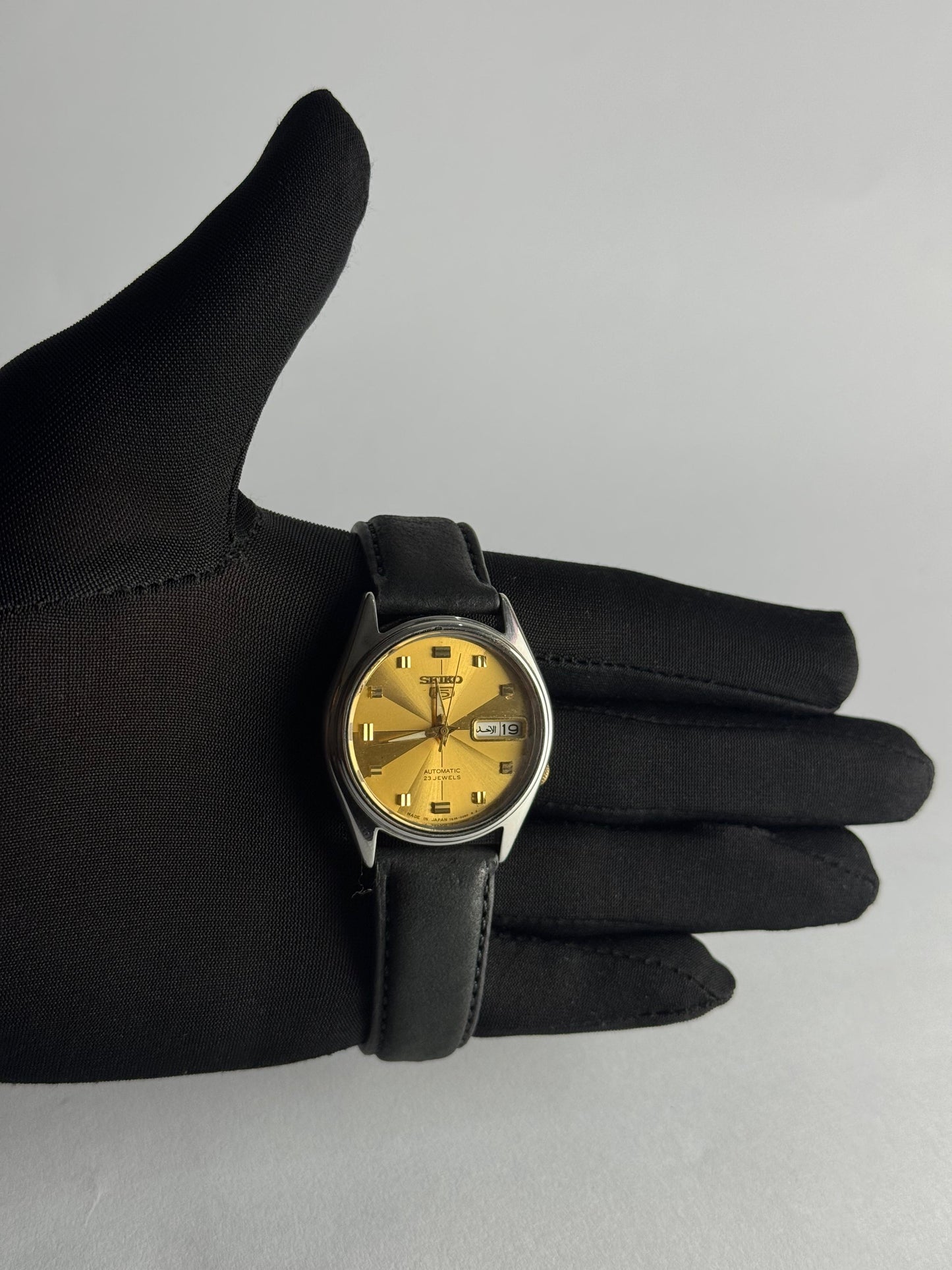 Seiko 5 Automatic Watch | Gold Dial | Arabic Day Display | Leather Strap