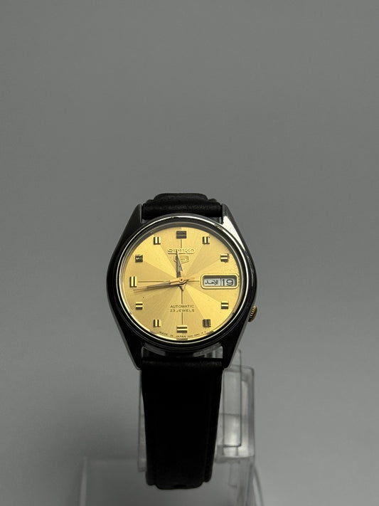 Seiko 5 Automatic Watch | Gold Dial | Arabic Day Display | Leather Strap