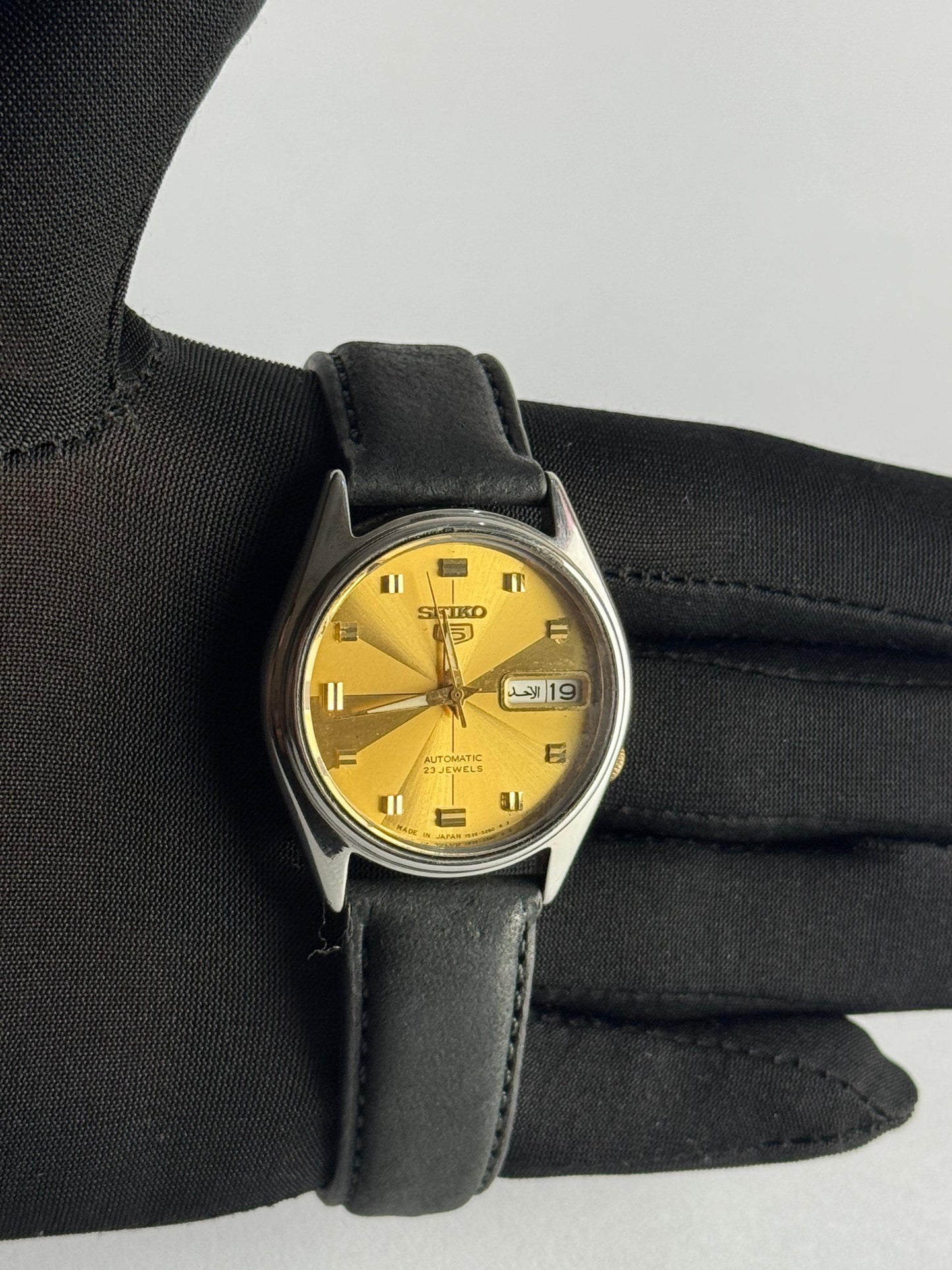 Seiko 5 Automatic Watch | Gold Dial | Arabic Day Display | Leather Strap