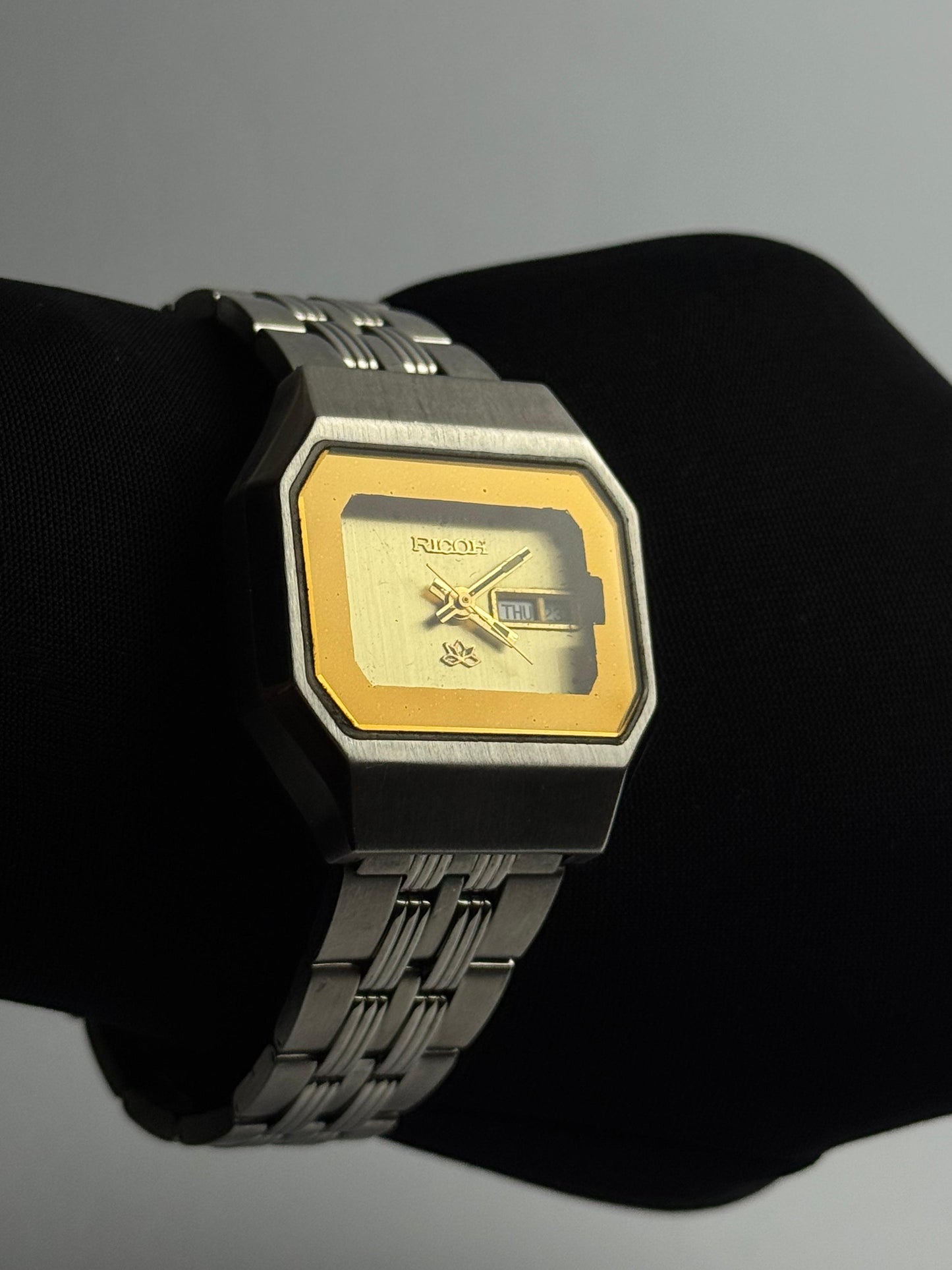 Ricoh Vintage Stainless Steel Rectangular Watch – Two-Tone Gold Dial | Used