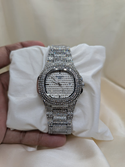 Luxury Iced-Out Silver Watch